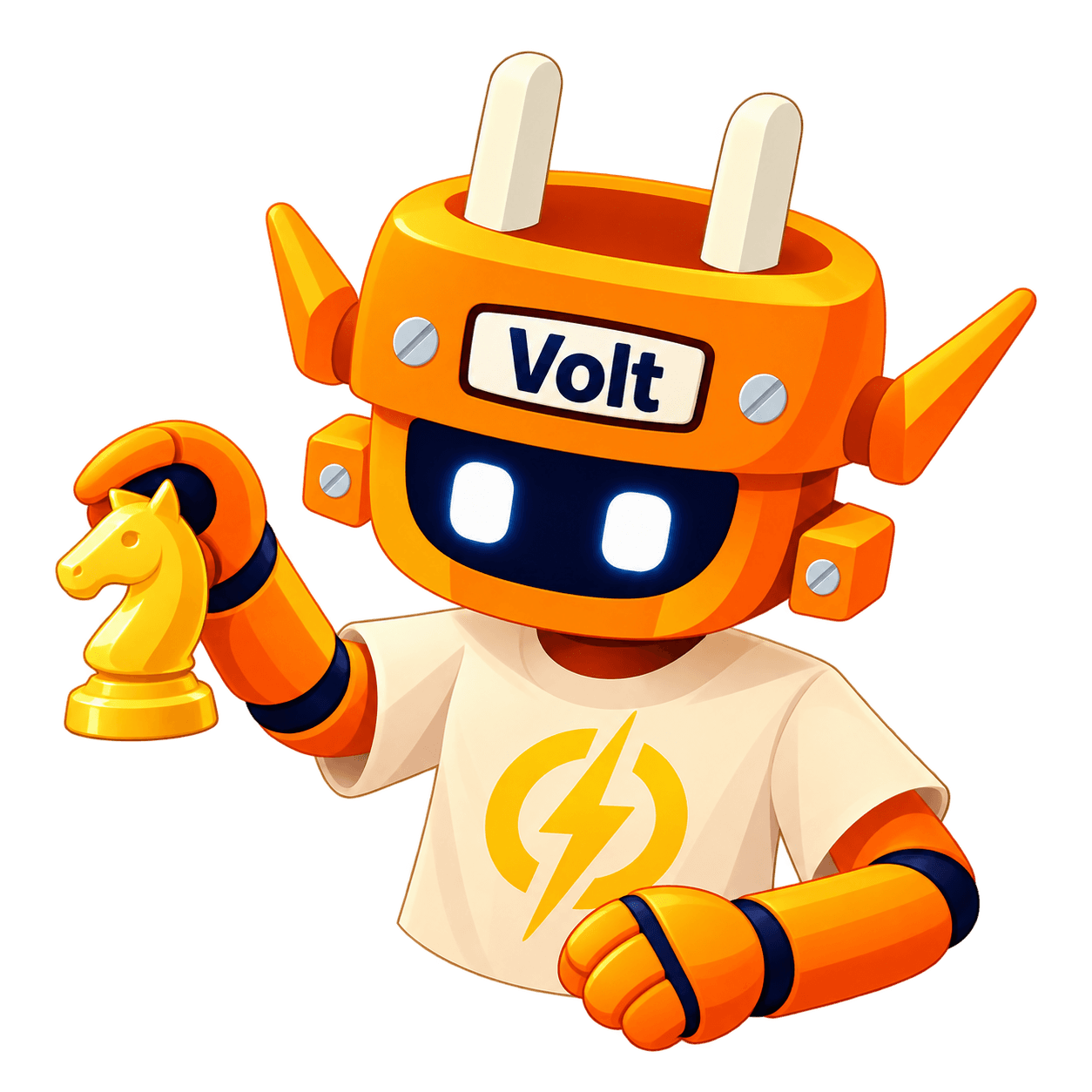 Volt, the friendly orange chess coach, holding a golden knight
